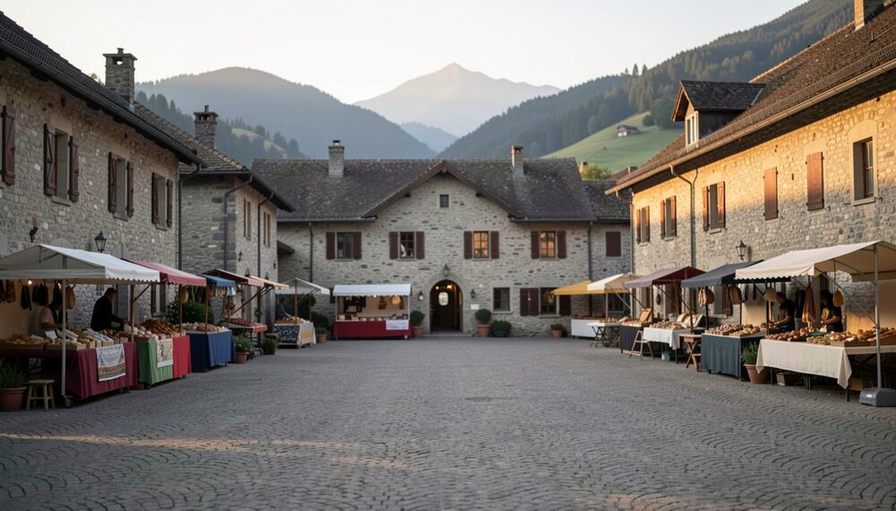 Place de village jurassienne aux maisons de pierre, étals de marché sous une lumière de fin de journée.