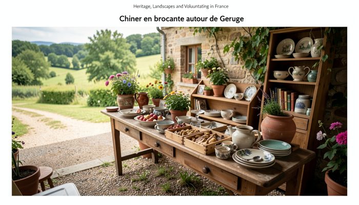 Table de brocante en bois dans une rue de village jurassien, objets anciens et caisses au sol.