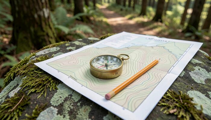 Boussole de laiton et crayon posés sur une carte de relief dépliée, sur un rocher moussu au bord d'un sentier.