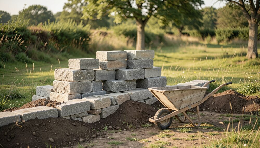 Chantier bénévole en clairière : blocs de calcaire empilés, brouette de bois et base de mur dégagée.