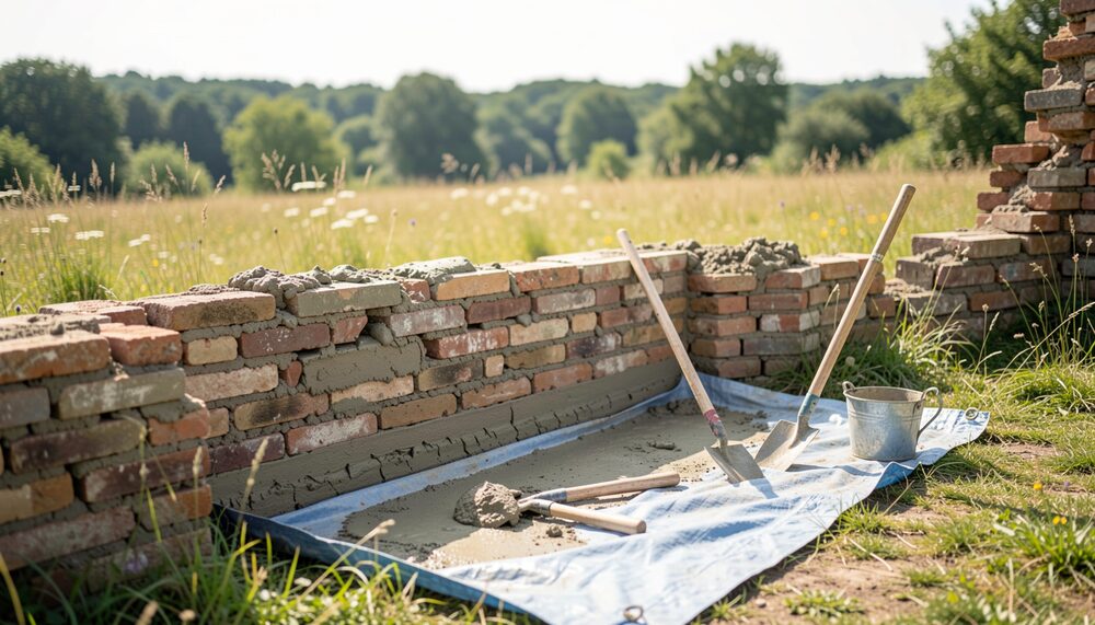 Mur bas en cours de remontage au mortier de chaux, outils à main posés sur une bâche dans un pré.