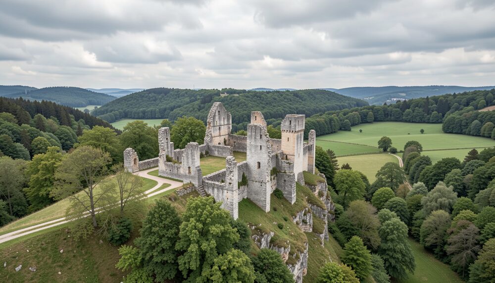 Vestiges d'un château de calcaire sur une butte boisée du Jura, murs effondrés et pâturages alentour.