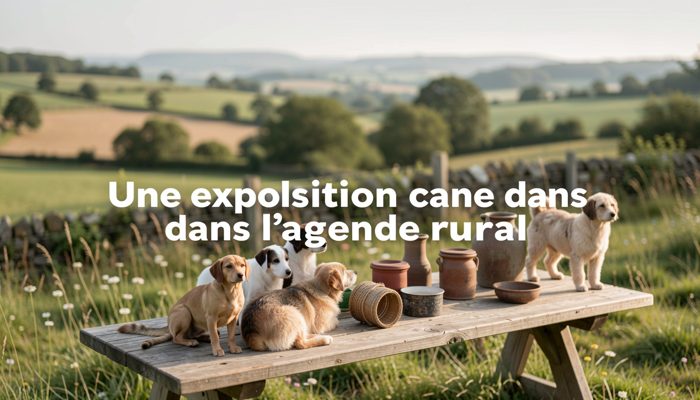 Chiens tenus en laisse alignés devant un ring de fortune sous une barnum.