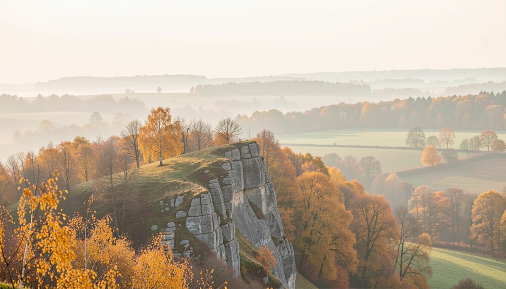 Croupe calcaire dans la brume d'automne, hêtres dorés et pâtures se fondant dans une lumière douce.