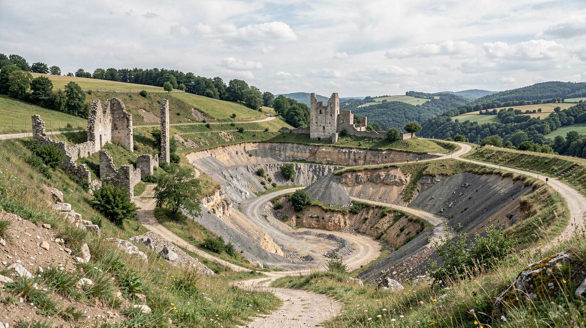 Ruines de château en calcaire dominant une ancienne carrière, prés et forêts du Revermont jurassien.