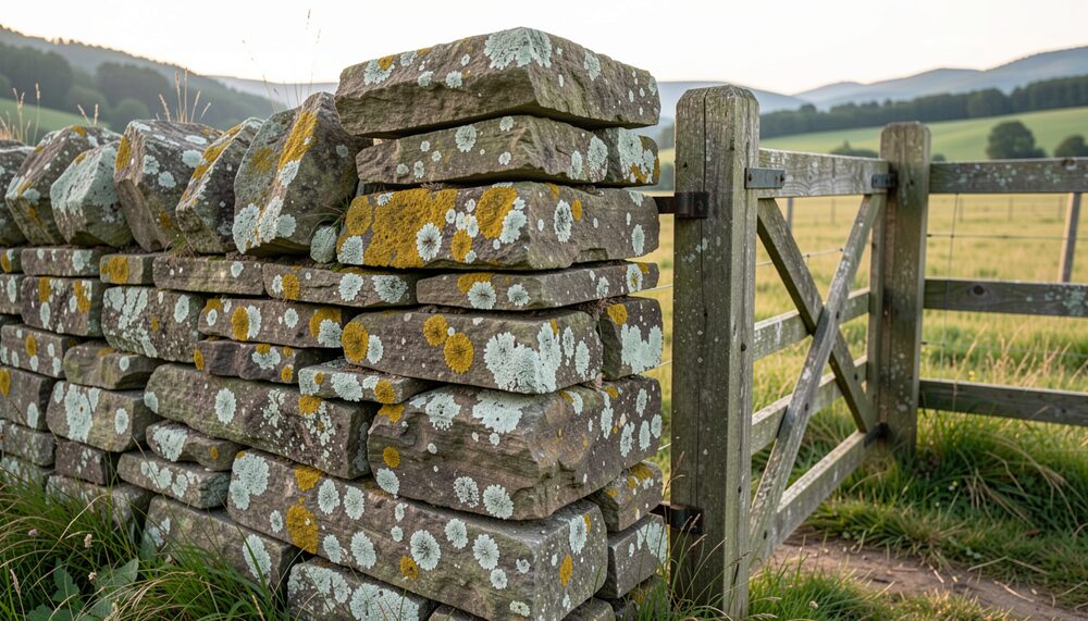 Angle d'un muret en pierre sèche couvert de lichens contre un poteau de barrière en bois, dans une pâture.