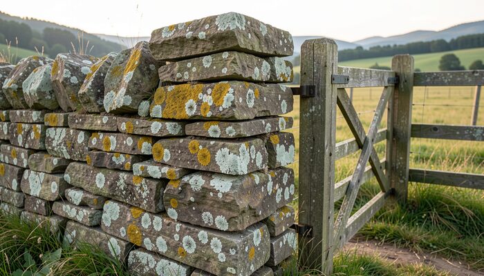 Angle d'un muret en pierre sèche couvert de lichens contre un poteau de barrière en bois, dans une pâture.
