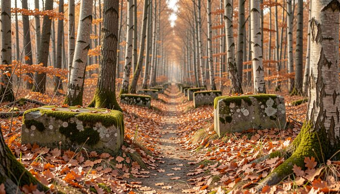 Sol de hêtraie en fin d'automne, feuilles cuivrées et blocs calcaires moussus le long d'un sentier étroit.