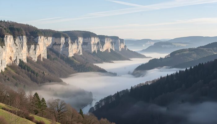 Falaises de calcaire du Jura dominant une vallée noyée de brume matinale et des croupes boisées.