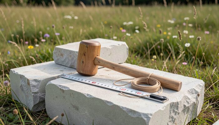 Maillet de bois, cordeau de maçon et mètre pliant posés sur des blocs de calcaire fraîchement taillés.