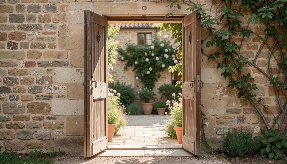 Porte ancienne en pierre ouverte sur une cour-jardin ensoleillée aux murs couverts de plantes grimpantes.