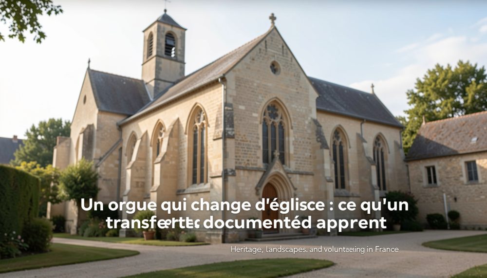 Tuyaux d'orgue anciens démontés posés sur des bancs d'église, lumière d'une nef.
