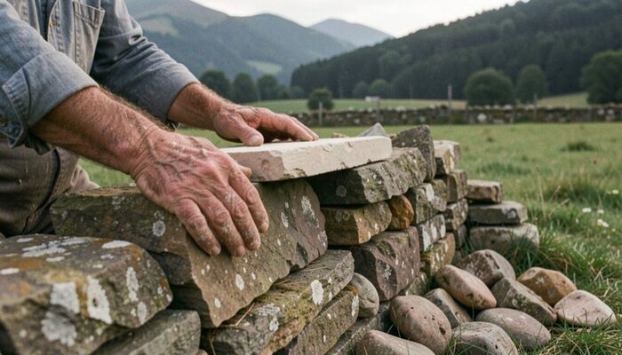 Mains d’un bâtisseur posant une dalle calcaire claire sur un muret en pierre sèche en cours de montage, pierres triées dans l’herbe d’une pâture, collines boisées en arrière-plan.