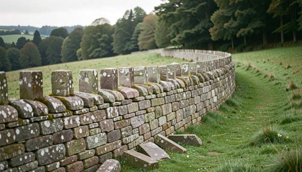Vieux mur de pierres sèches couvert de lichens et coiffé de pierres posées de chant, qui suit la courbe d’une pâture en pente au bord d’un bois, quelques pierres tombées à son pied