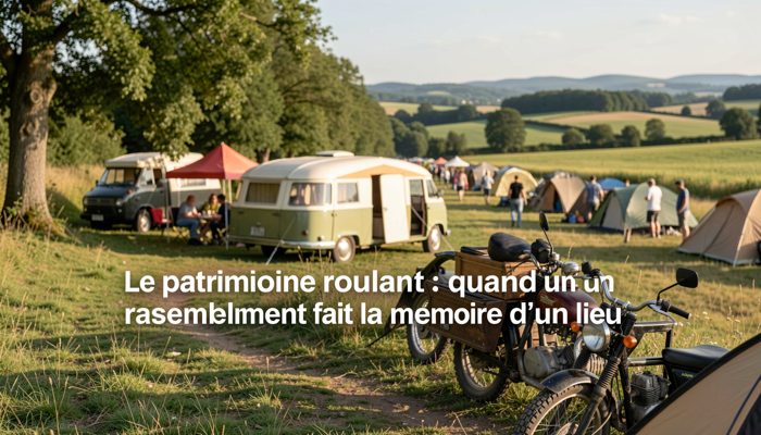 Alignement de voitures de collection garées sur une esplanade pavée, capot chromé au premier plan.