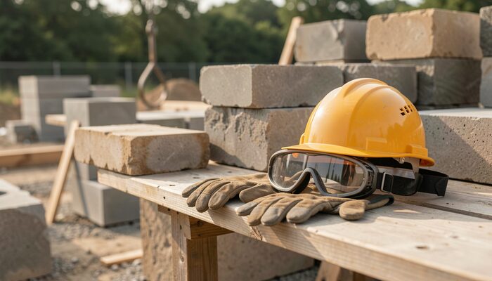 Casque de chantier, lunettes et gants de travail posés sur un banc de bois près de blocs de pierre.