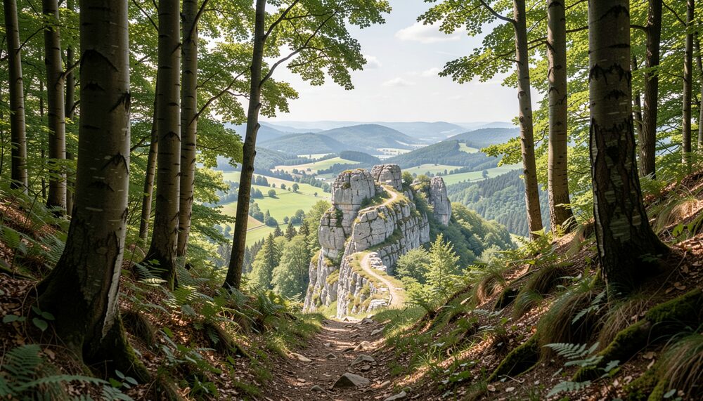 Sentier étroit en forêt de hêtres montant vers un promontoire calcaire ouvert sur des vallées vertes.